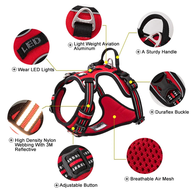 Red dog harness with features highlighted on a white background