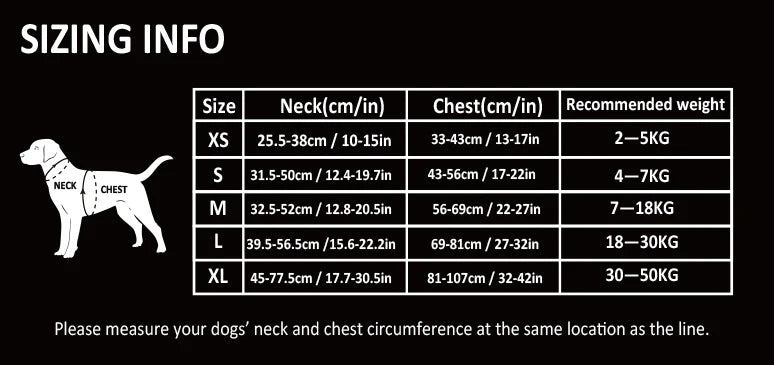Dog sizing chart with measurements and recommended weight for different sizes on a black background.