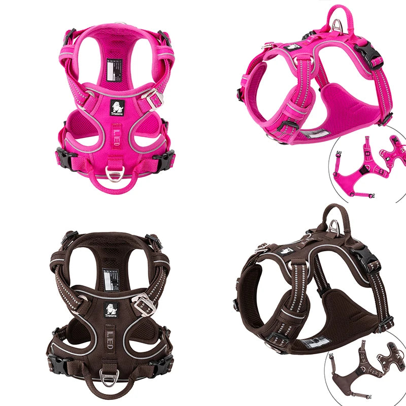 Pink and brown dog harnesses with multiple angles on a white background