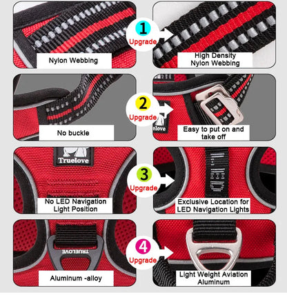 Dog harness with features highlighted, including high-density nylon webbing, no buckle, LED navigation lights, and light weight aviation aluminum.