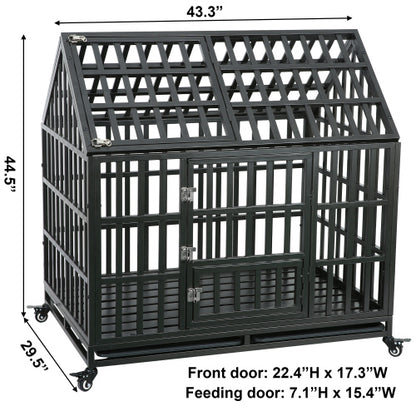 A black metal pet crate in the shape of a house, featuring dimensions, a front door, and a feeding door.