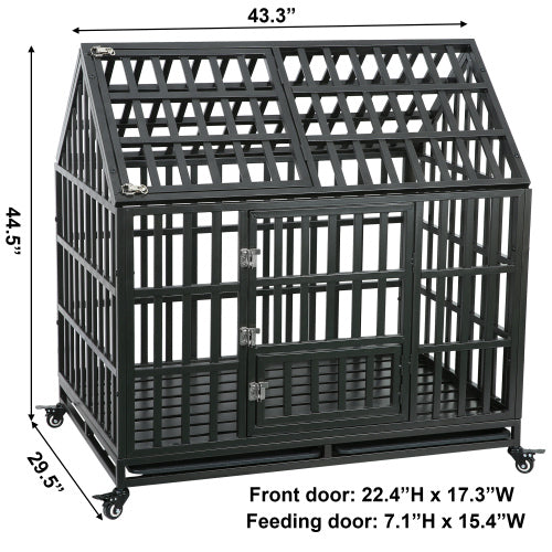 A black metal pet crate in the shape of a house, featuring dimensions, a front door, and a feeding door.