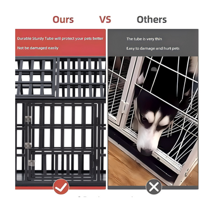 Comparison of pet crates: left features a strong, durable design, while the right shows a flimsy cage that risks pet safety.
