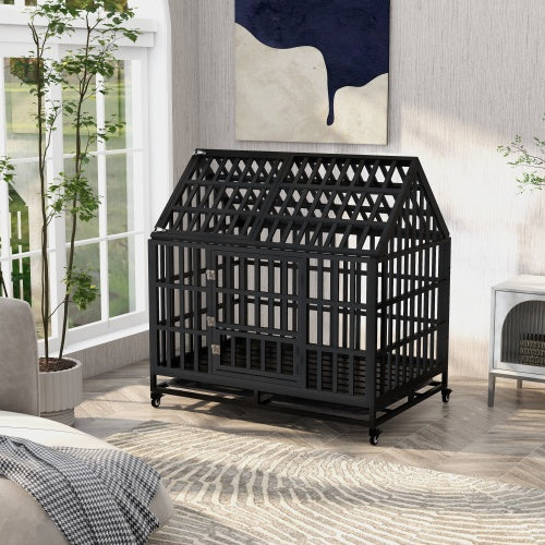 Black wooden pet cage in a stylish, modern room with large windows, plants, and patterned flooring, resembling a house structure.