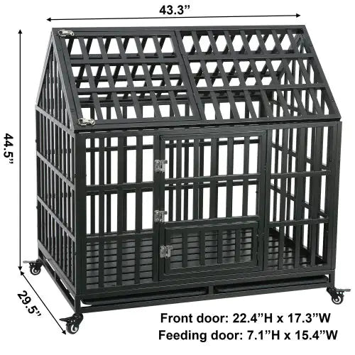 A black metal pet crate in the shape of a house, featuring dimensions, a front door, and a feeding door.