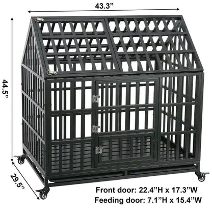 A black metal pet crate in the shape of a house, featuring dimensions, a front door, and a feeding door.