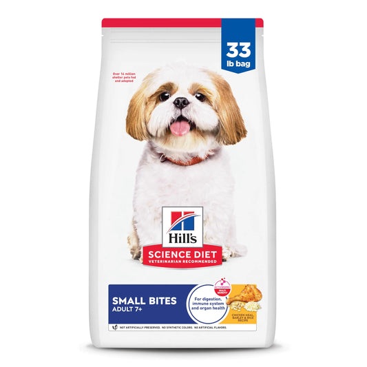 A 33 lb bag of Hill's Science Diet dog food for small bites, labeled for adult dogs aged 7 and up, promoting digestion and health.