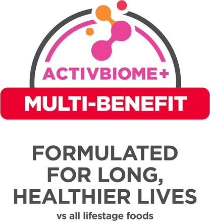 Logo for ActivBiome+, highlighting multi-benefit nutrition formulated for longer, healthier lives compared to all lifestage foods.