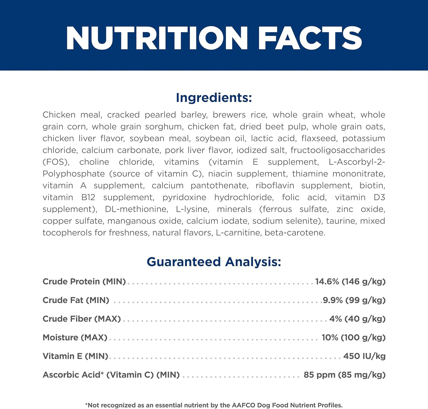 Nutrition facts label detailing ingredients and guaranteed analysis for a pet food product, emphasizing nutrition content and key vitamins.
