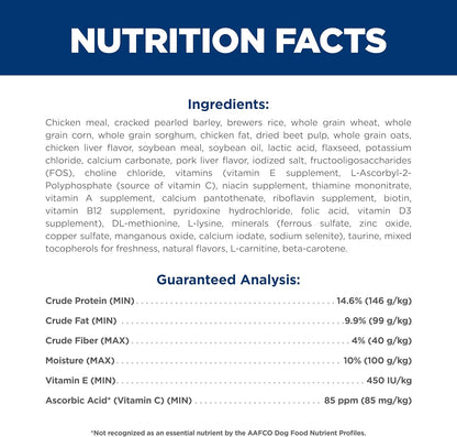Nutrition facts label detailing ingredients and guaranteed analysis for a pet food product, emphasizing nutrition content and key vitamins.