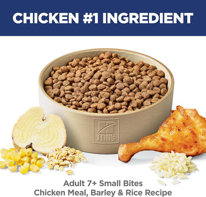 A bowl filled with small kibble surrounded by ingredients like chicken, barley, rice, and corn, promoting a healthy pet diet.