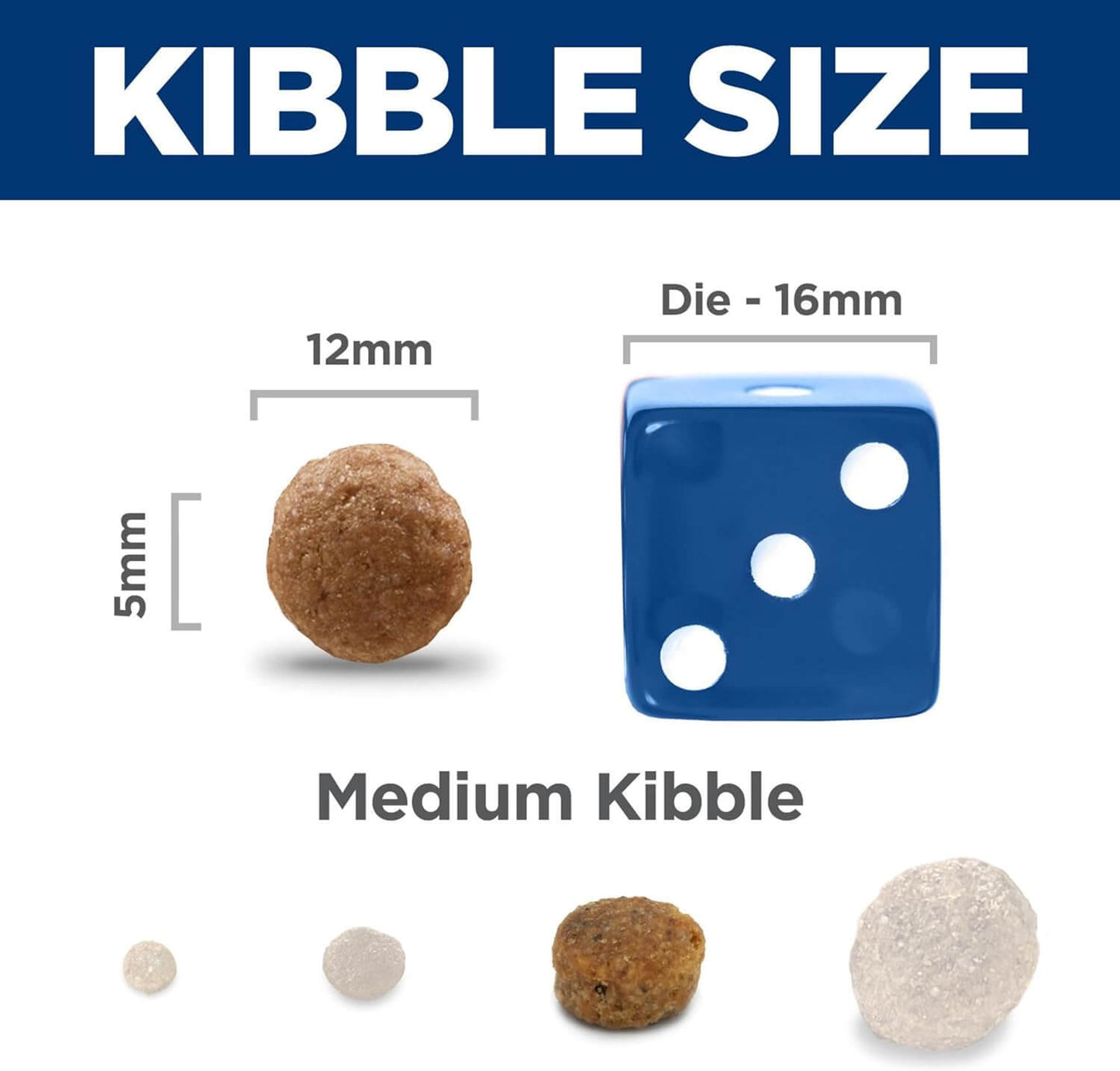 Image comparing medium kibble size, with a 12mm kibble next to a die for scale, labeled with size measurements.