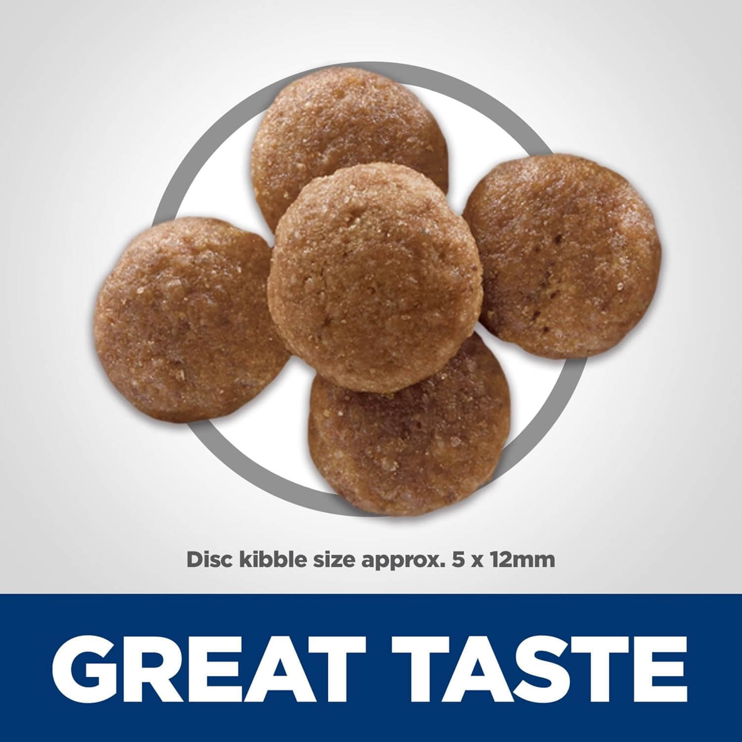 Five round, brown kibble pieces arranged in a circle with a label stating "Great Taste" and size details below.