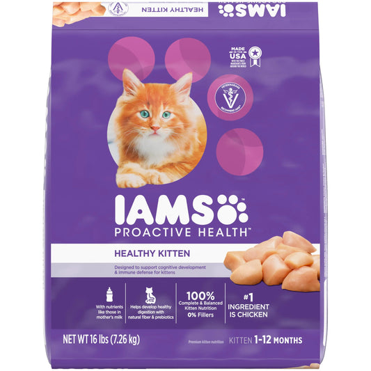 IAMS Proactive Health Healthy Kitten food, featuring an orange kitten, designed for cognitive and immune support, 16 lbs bag.