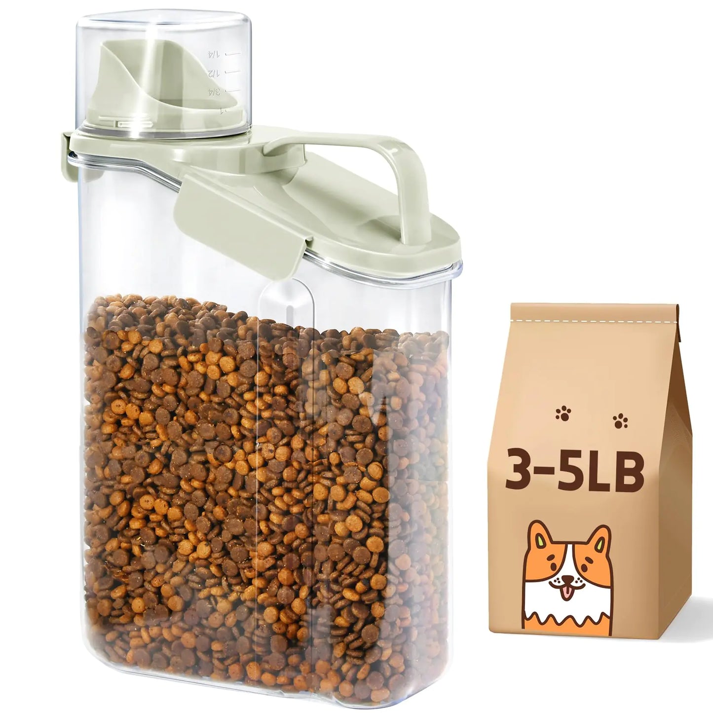 Clear pet food container with lid and a brown bag labeled 3-5LB on a white background