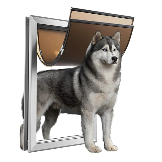 A sturdy dog door setup with a curved flap, allowing easy access for a gray and white dog standing at the entrance.