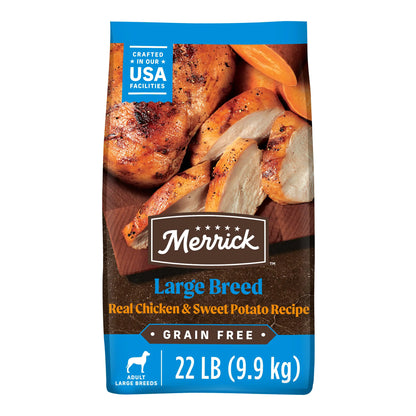 A bag of Merrick dog food featuring a large breed recipe with real chicken and sweet potatoes, labeled grain-free, 22 lbs.