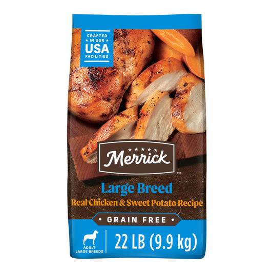 A bag of Merrick dog food featuring a large breed recipe with real chicken and sweet potatoes, labeled grain-free, 22 lbs.