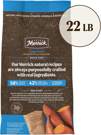 A 22 lb bag of Merrick Large Breed Grain-Free dog food, featuring chicken and sweet potato, highlighting its natural ingredients and nutritional benefits.