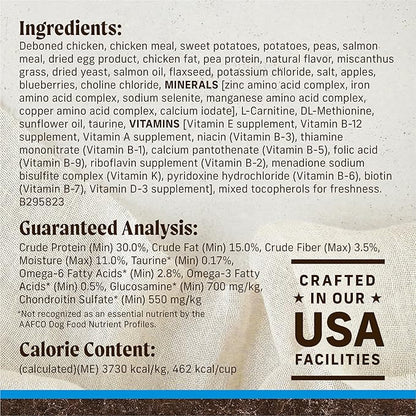 Dog food bag label detailing ingredients, nutritional analysis, and calorie content, emphasizing natural and nutrient-rich components.