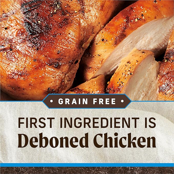 A close-up of juicy, sliced deboned chicken, highlighting its tender texture and golden-brown sear, with a grain-free label.