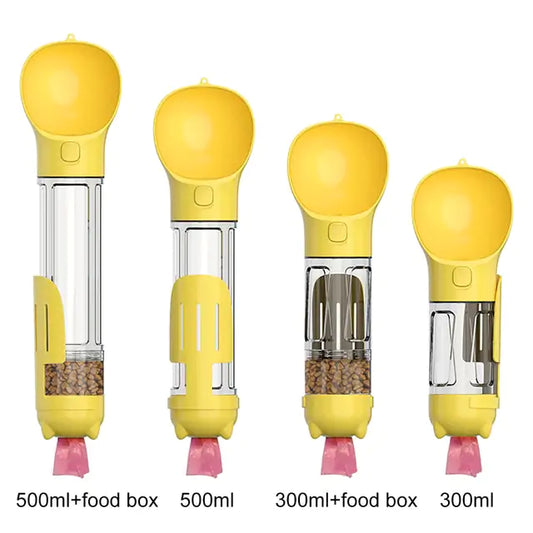 Four yellow pet food dispensers of varying sizes (500 ml and 300 ml) with attached food boxes, displaying different configurations.