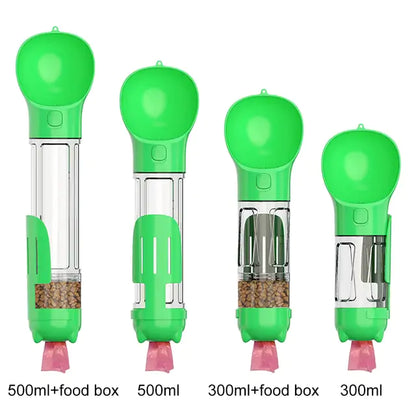 Four green pet food dispensers of varying sizes (500 ml and 300 ml) with attached food boxes, displaying different configurations.
