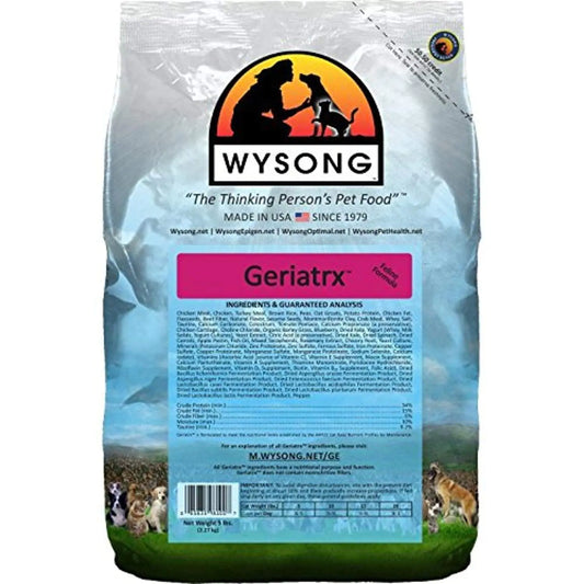 Wysong Geriatrix pet food bag with branding and product details on a white background