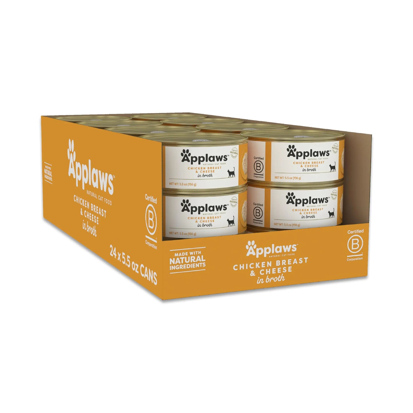 Box of Applaws canned pet food with chicken breast and cheese on an orange background