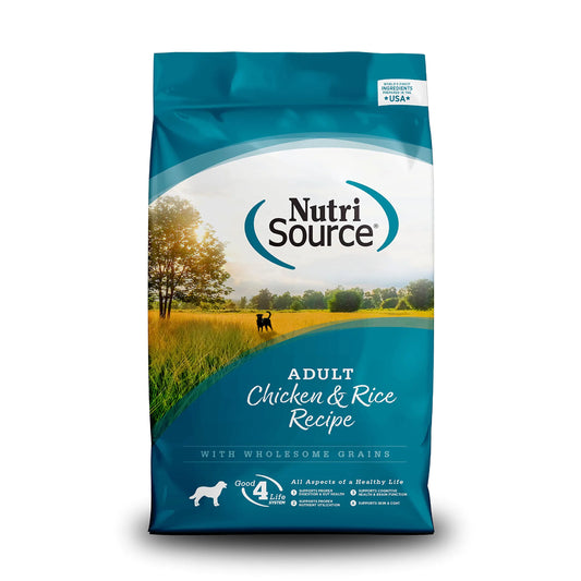 Nutri Source Adult Chicken & Rice dog food bag featuring a scenic background, emphasizing wholesome grains for a healthy diet.