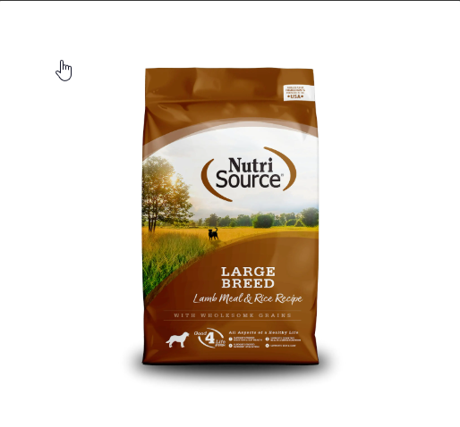 NutriSource Large Breed Lamb Meat & Rice Recipe dog food bag, featuring a scenic field background, promoting wholesome grains for healthy dogs.