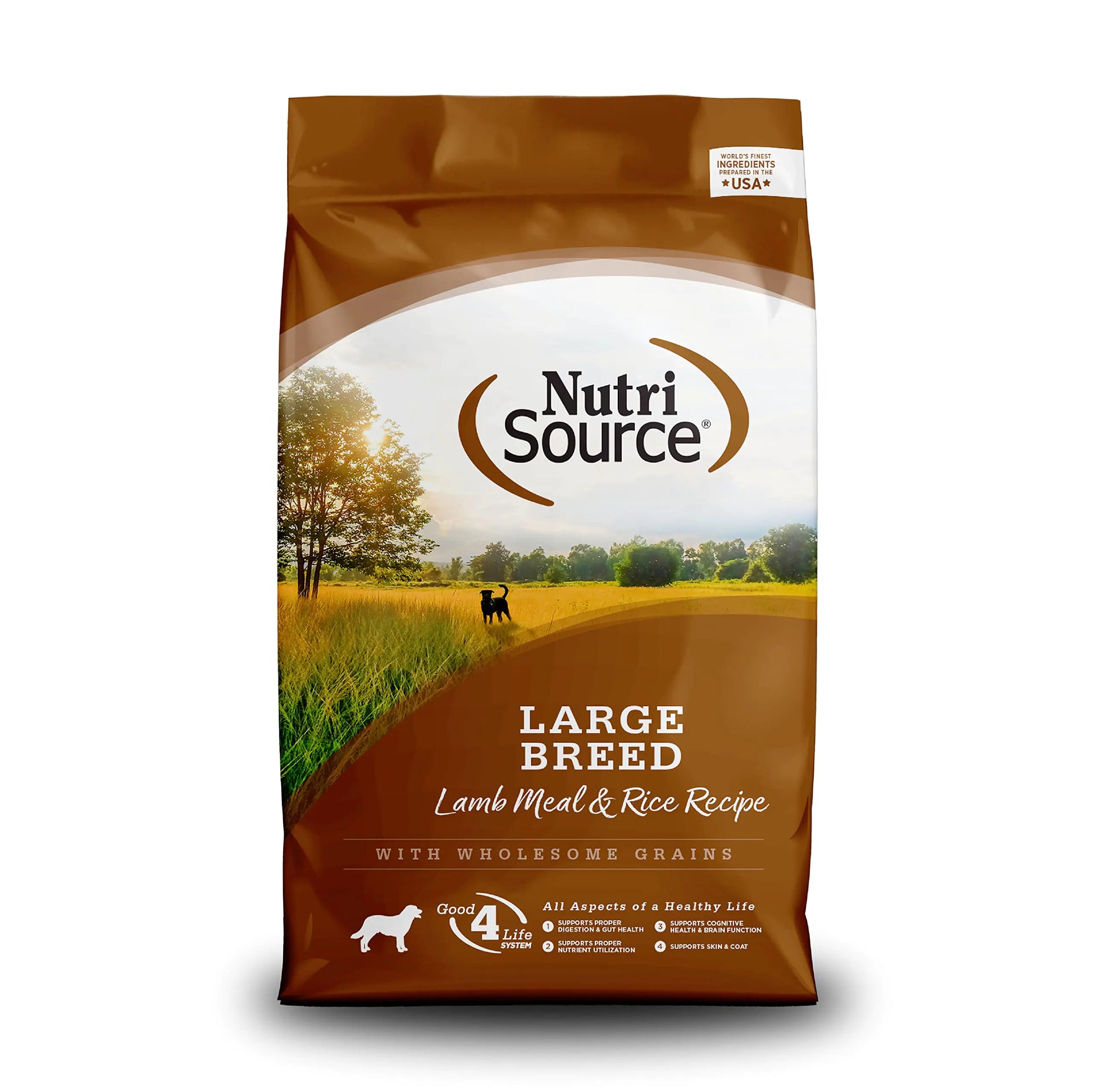 NutriSource Large Breed Lamb Meal & Rice Recipe dog food bag, featuring a scenic field with a dog in the background.