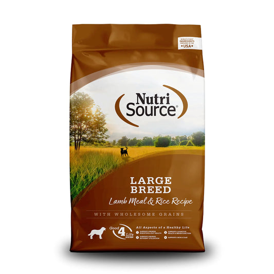 NutriSource Large Breed Lamb Meal & Rice Recipe dog food bag, featuring a scenic field with a dog in the background.