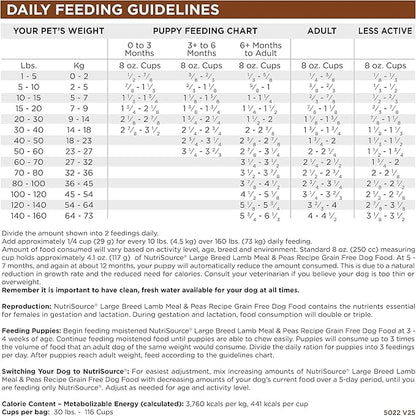 Daily feeding guidelines for dogs, detailing portion recommendations based on weight, age, and activity level.