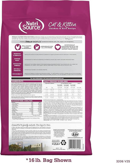 NutriSource Cat & Kitten Chicken & Rice Recipe bag, featuring feeding guidelines, ingredients, and nutritional analysis on a vibrant pink background.