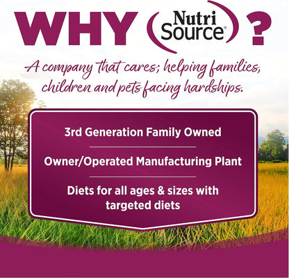 Graphic highlighting NutriSource's commitment to care, family ownership, and targeted diets for all ages and sizes of pets.