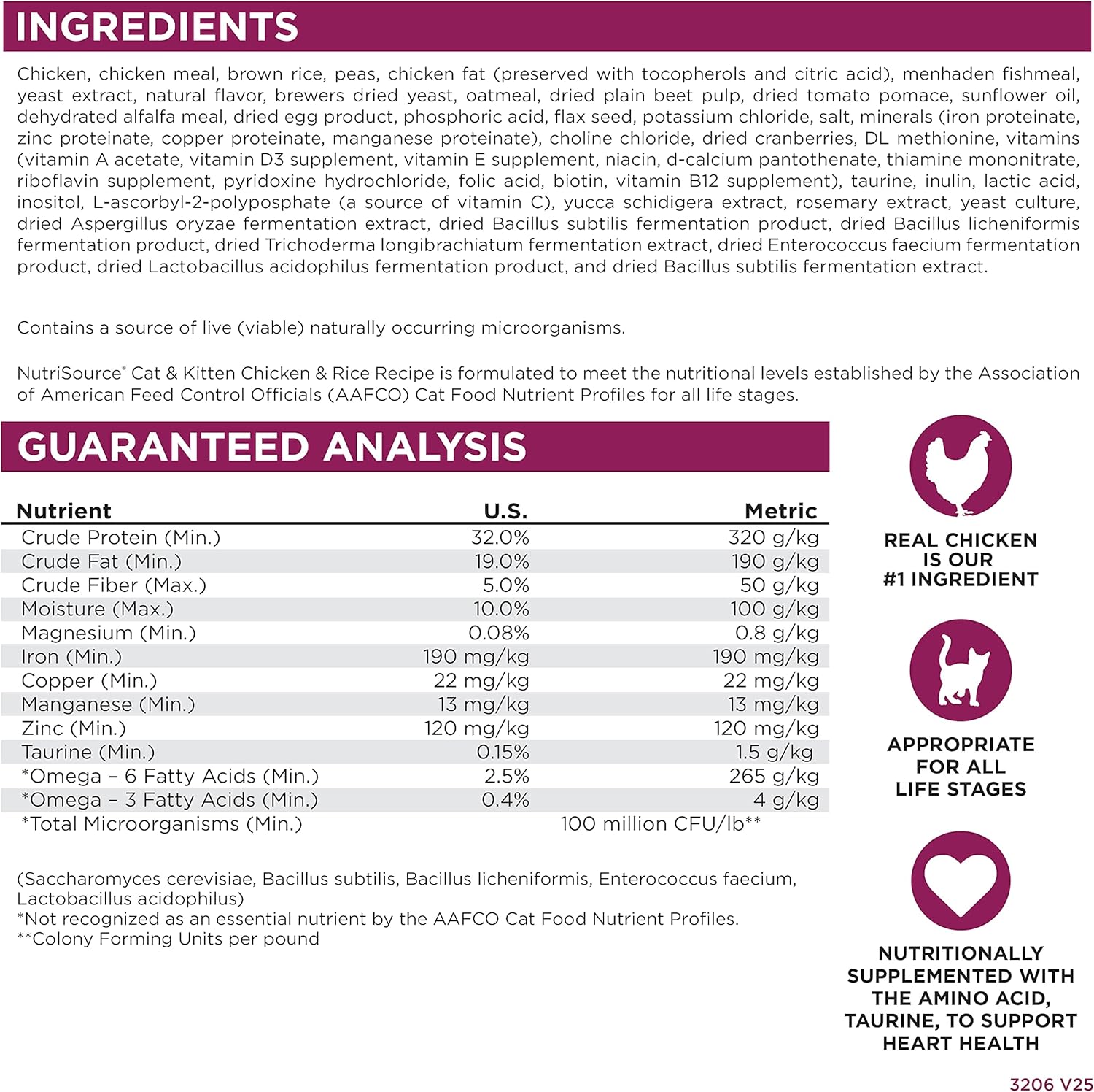 Nutrition label for NutriSource Cat & Kitten Chicken & Rice Recipe, detailing ingredients and guaranteed analysis for cats' dietary needs.