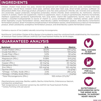 Nutrition label for NutriSource Cat & Kitten Chicken & Rice Recipe, detailing ingredients and guaranteed analysis for cats' dietary needs.