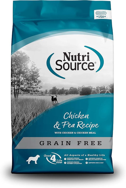 NutriSource Chicken & Pea Recipe dog food bag, grain-free, featuring nutritional benefits and made in the USA with high-quality ingredients.