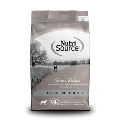 Bag of NutriSource Grain-Free Senior Recipe dog food, featuring turkey, turkey meal, and menhaden fish meal for dogs aged 7 and older.