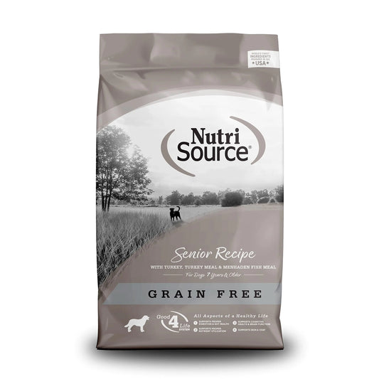 Bag of NutriSource Grain-Free Senior Recipe dog food, featuring turkey, turkey meal, and menhaden fish meal for dogs aged 7 and older.