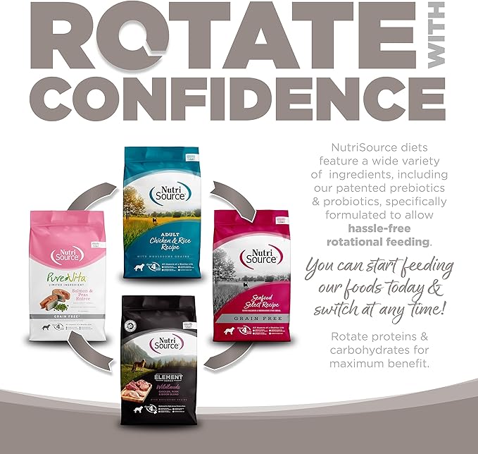 NutriSource dog food bags highlight a variety of recipes, promoting hassle-free rotational feeding for optimal nutrition.