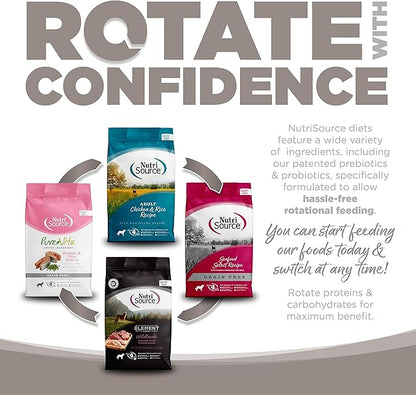 NutriSource dog food bags highlight a variety of recipes, promoting hassle-free rotational feeding for optimal nutrition.