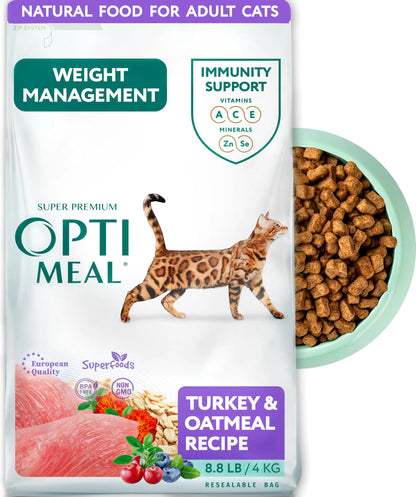 Opti Meal cat food package with a bowl of cat food on a white background