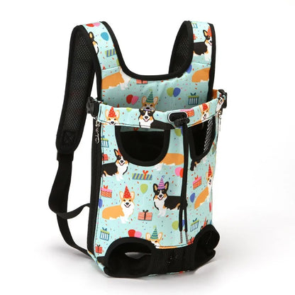 A colorful green dog carrier with a playful corgi pattern, featuring breathable mesh sides and adjustable straps for comfort and security.