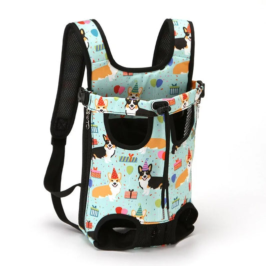A colorful green dog carrier with a playful corgi pattern, featuring breathable mesh sides and adjustable straps for comfort and security.