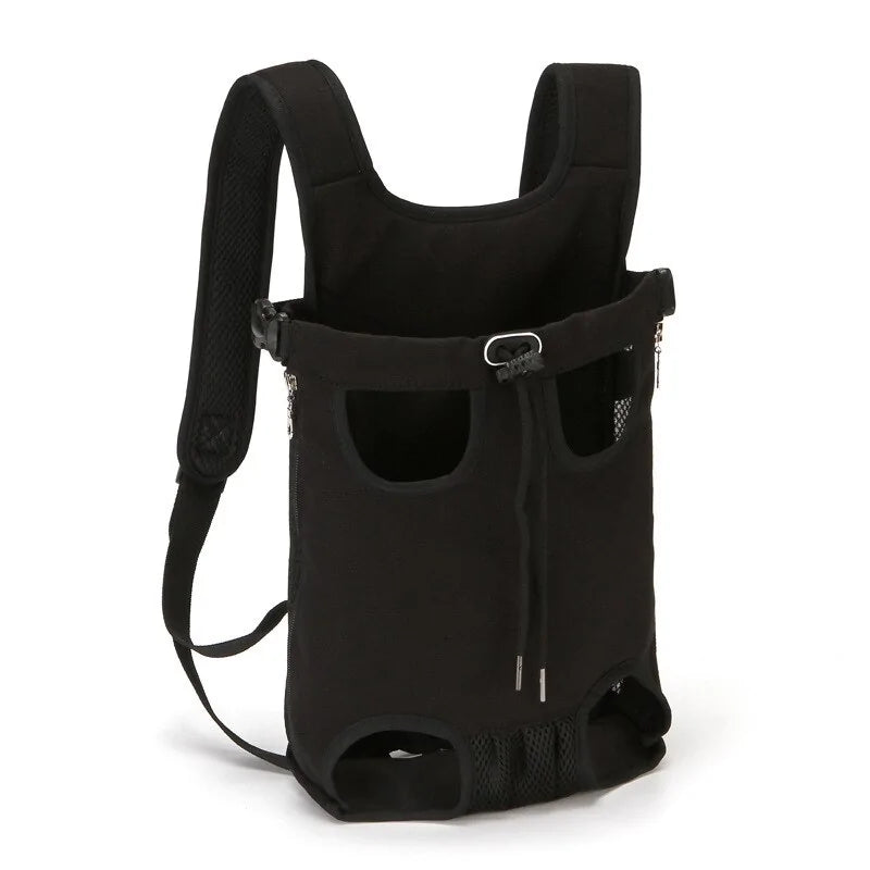 Black pet carrier backpack with mesh openings and adjustable straps, designed for comfortable pet transport on the front or back.