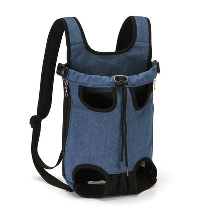 A blue denim pet carrier backpack with mesh ventilation, adjustable straps, and openings for pets' heads and legs.