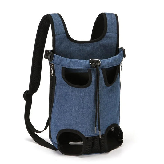 A blue denim pet carrier backpack with mesh ventilation, adjustable straps, and openings for pets' heads and legs.
