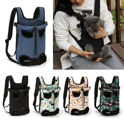 A woman holds a gray cat in a pet carrier, surrounded by various colorful backpacks designed for transporting pets.